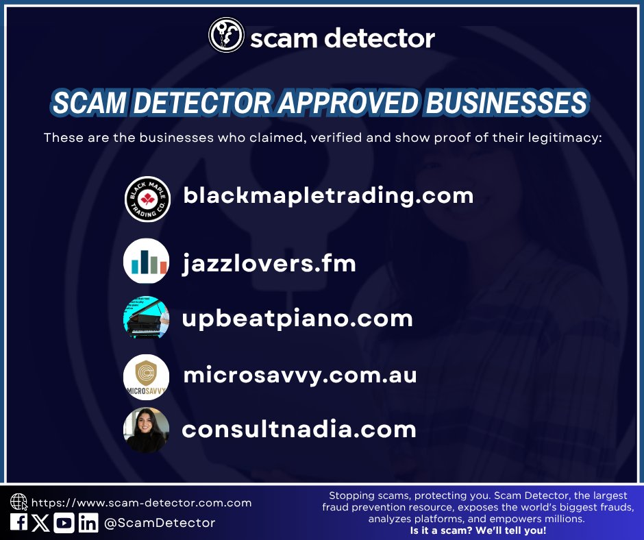 Discover #ScamDetectorApproved businesses committed to fair practices &amp; legitimacy.  These fantastic companies passed our verification process:  

✅Black Maple Trading
✅Jazz Lovers
✅Upbeat Piano
✅Microsavvy AU
✅Consult Nadia

Tell us your faves!   #ShopSafe