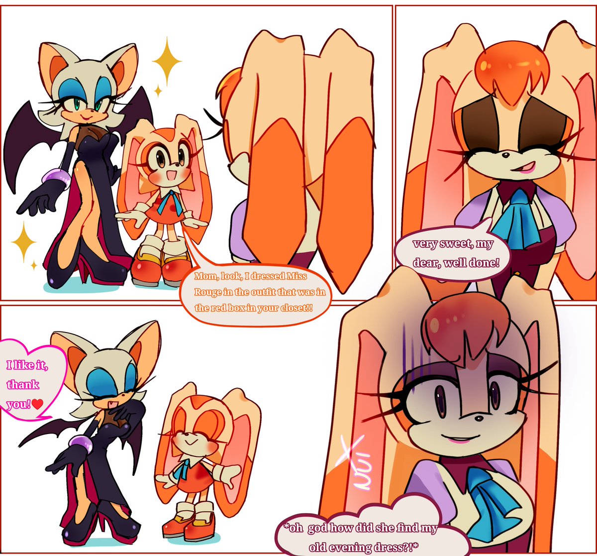 nuinu_17's tweet image. vanilla's secret 🤫👗🌆
#sonicthehedgehog
Cream dragged Rouge home to play dress up with her, and accidentally found Vanilla's old evening dress that she had worn before Cream was born. After Cream was born, Vanilla hid the dress because it was too revealing for her