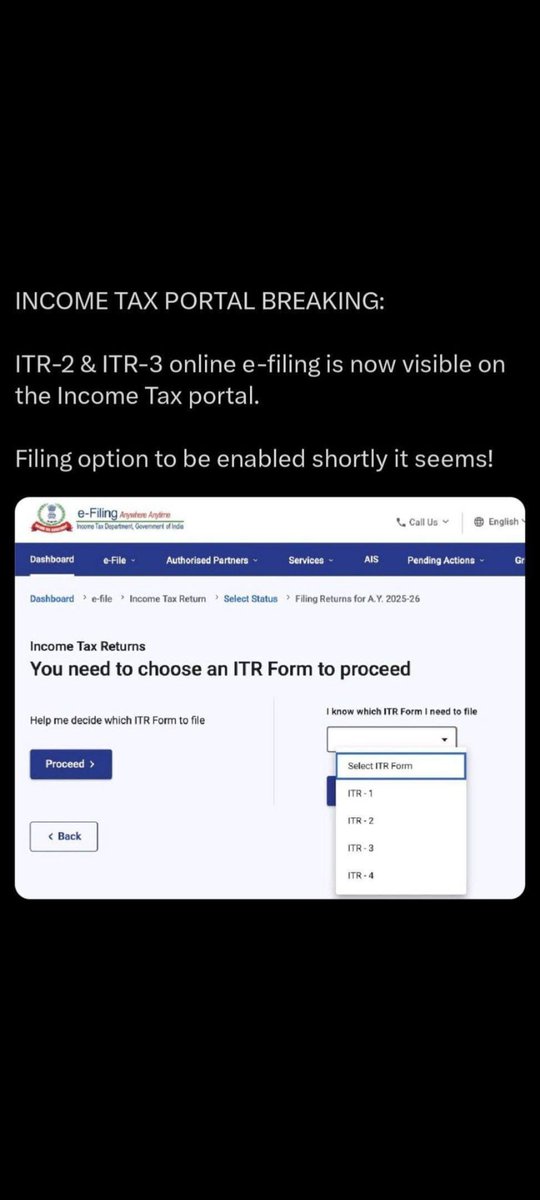 CaA99655's tweet photo. INCOME TAX PORTAL BREAKING:

ITR-2 &amp; ITR-3 online e-filing is now visible on the Income Tax portal.

Filing option to be enabled shortly it seems! https://t.co/M2CL9j7Htn