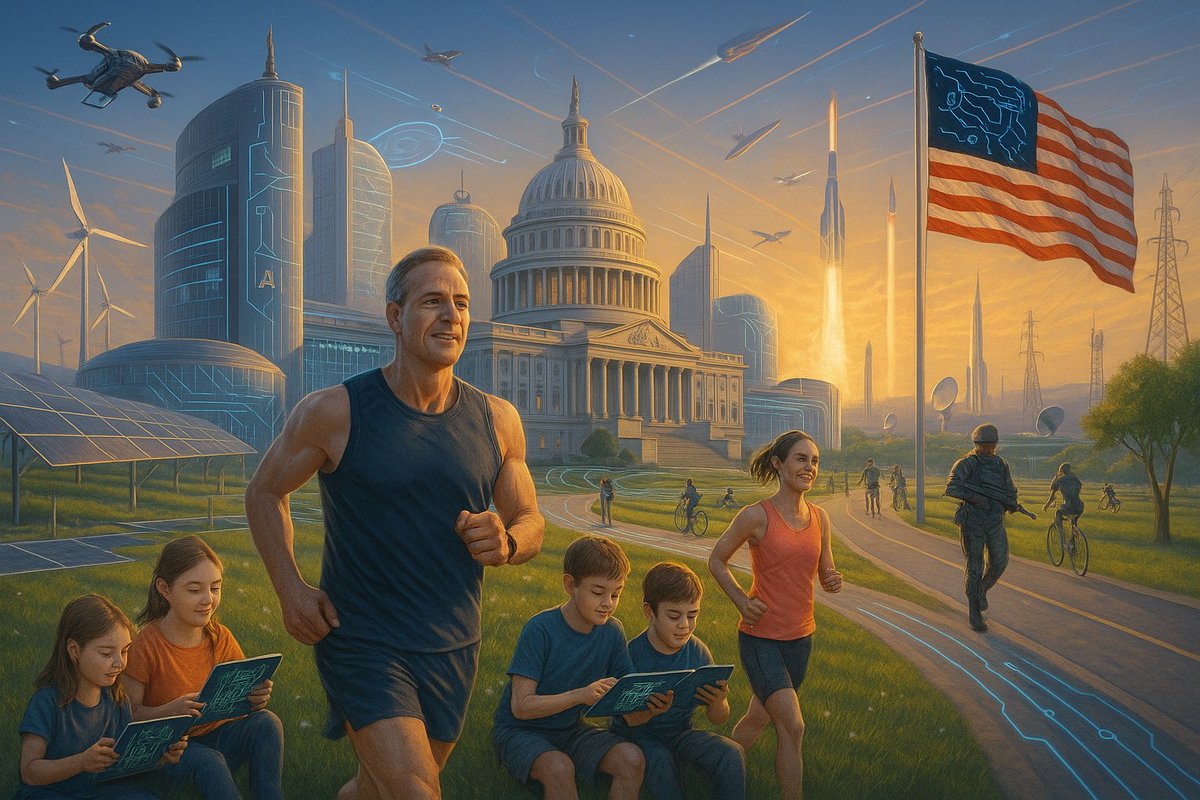 kevinweil's tweet image. Reddit told me to ask ChatGPT "based on everything you know about me, make an image of what the country would look like after 4 years of me being president."
Here's mine 😆 My platform is apparently iPads for all kids, running for adults, rockets, drones, and solar everywhere…