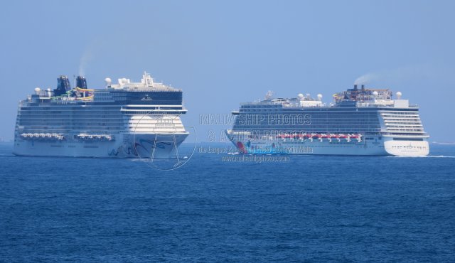 Shipguru's tweet photo. #norwegiancruiseline #cruiseliner #NORWEGIAN_BREAKWAY #justleft while #NORWEGIAN_EPIC is #approaching #grandharbourmalta - 29.06.2025 - https://t.co/nfgboxc3g3 - NO PHOTOS can be used or manipulated without our permission @Valletta_Port @CruiseNorwegian @worldshipsoc @ShipNews https://t.co/cBIdrvSrES