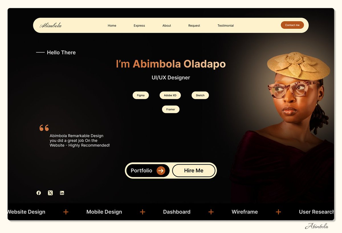 AbimOladapo's tweet photo. I’m committing to a 60-day nonstop posting challenge and this is Day 28!

A portfolio website.

#60DaysOfShowingUp #CreativeChallenge #DesignChallenge #DailyPostingChallenge #BuildInPublic #CreativeDiscipline #Protfolio #Website https://t.co/6XrWlUfPTe
