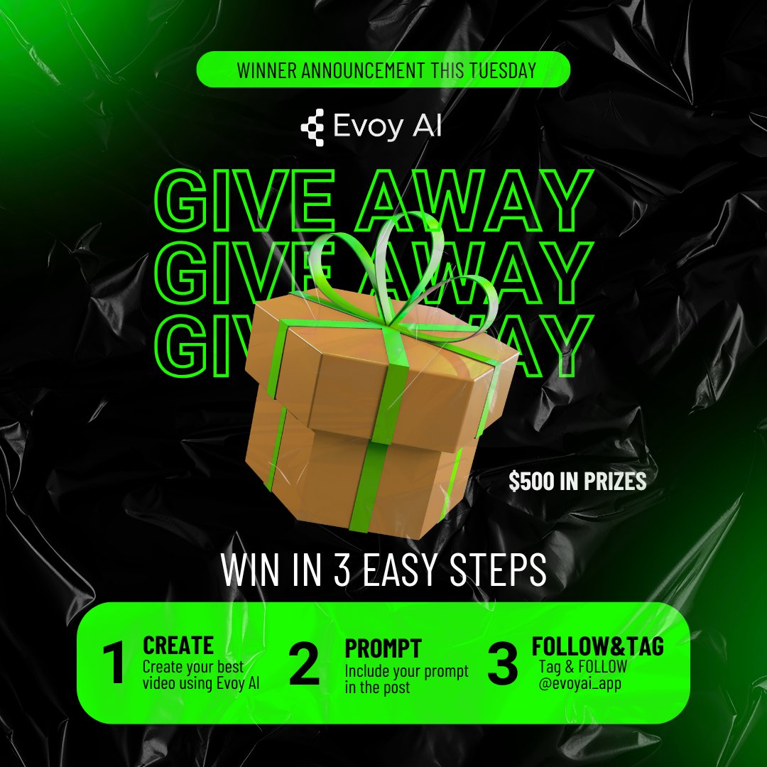 Evoyai_app's tweet photo. Evoy AI Giveaway Contest – Winner Announcement This Tuesday! 🎉

Turn your creativity into $500 in prizes! 🤑
Join the Evoy AI Video Generation Contest now!
✅ How to join:

🎬 Create your best video using Evoy AI
📎 Include your prompt in the post
🏷️ Tag #EvoyAIGiveaway & #EvoyAIContest
📲 Tag & FOLLOW @evoyai_app

🔥 Show the world what you can create with AI – and WIN!

📅 Winners announced Tuesday – don’t miss it!

#EvoyAI #AIGiveaway #AIContest #Web3Creators