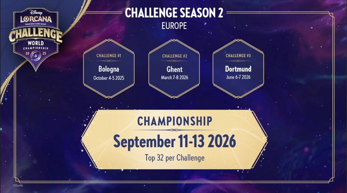 LorcanaFr's tweet image. Les dates et lieux des challenges européens sont tombés

🇮🇹Bologne : 4-5 Octobre
🇧🇪 Ghent : 7-8 Mars 2026
🇩🇪Dortmund : 6-7 Juin 2026