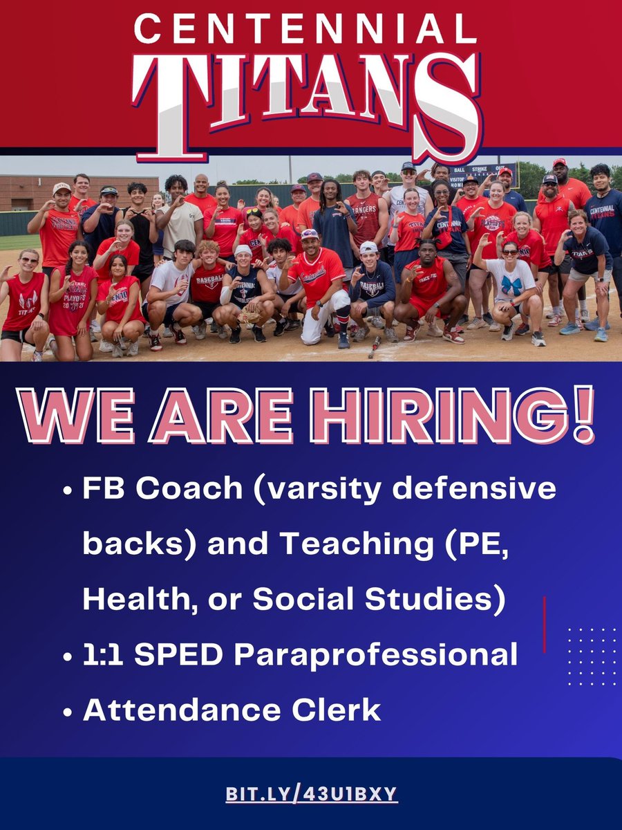 💙 Join the Titan Nation Team! ❤️

We’re looking for passionate, dedicated educators and staff to join our incredible CHS family! We want YOU on our team!

📚✨ Apply today and become part of something special. friscoisd.org 

#TitanNation #JoinOurTeam #cen10titans