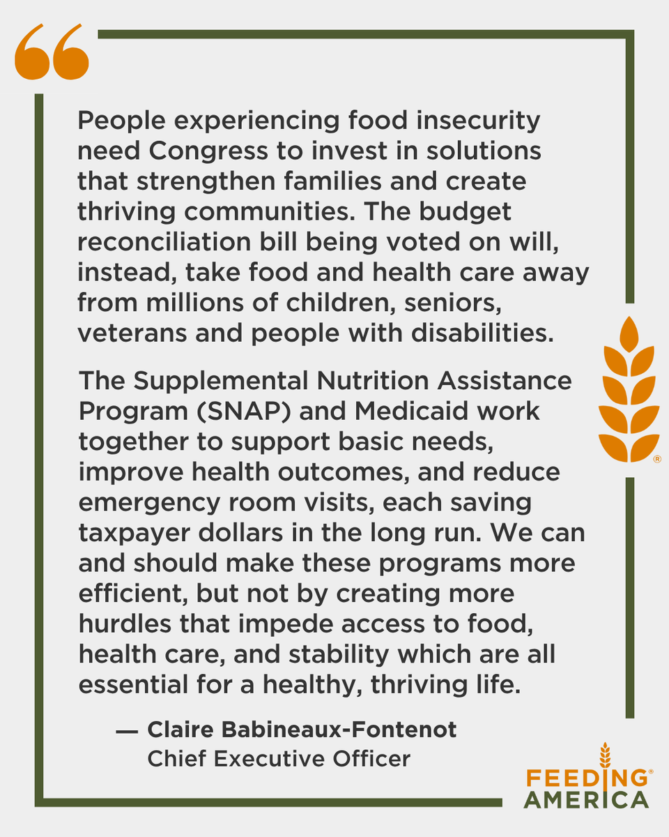 FeedingAmerica's tweet photo. We strongly urge Congress to vote against harmful cuts to programs in the budget reconciliation bill and instead champion solutions that support the neighbors in your states and districts by creating thriving communities.  

📰 Our full statement: https://t.co/kZEbqXWB3h https://t.co/5xhPS3GoHJ