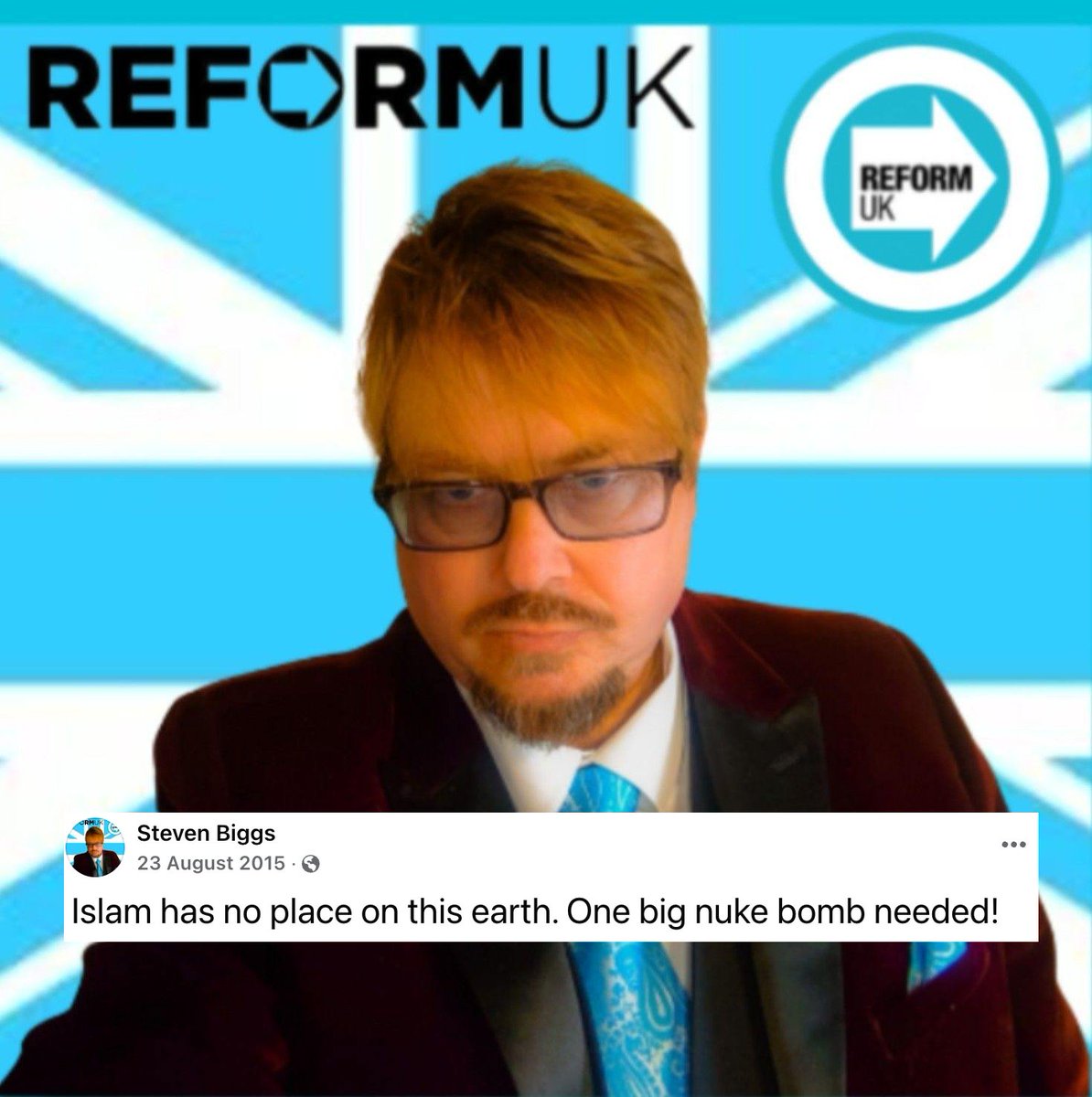TheBottom_Lines's tweet image. A quick reminder to all the Reform and assorted right wing types losing their collective minds over Glastonbury that an elected Reform councillor in County Durham called for 1.9 billion Muslims to be "nuked". He remains in post, no consequences, his violent rhetoric ignored.