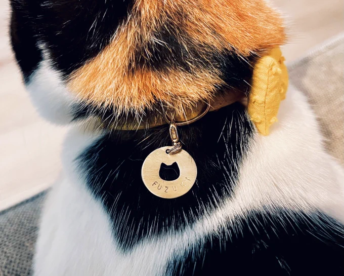 猫ちゃん型チャームかわいい… 名前と連絡先が刻印されています