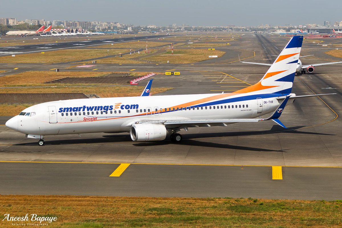 aneesh_bapaye's tweet photo. On damp lease to @flyspicejet this @SmartwingsGroup @BoeingAirplanes 737-86N(WL) [OK-TVR] turning on N1 for rwy 27 at @CSMIA_Official Mumbai as SG158 / SEJ158 to Delhi (DEL).

#smartwings #flysmartwings #spicejet #flyspicejet #myspicylife #boeing #boeing737 #MumbaiAeroFrames https://t.co/FjjoPGl9A6