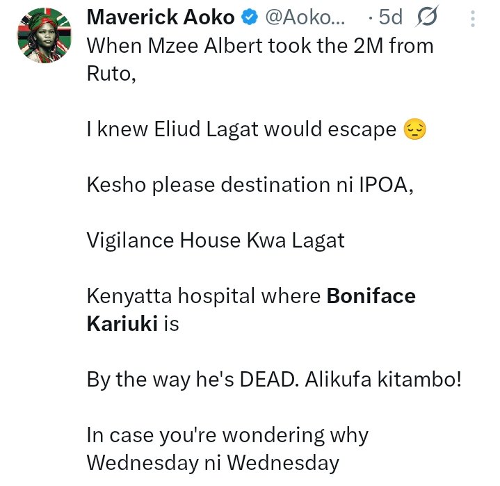 AokoOtieno_'s tweet image. TOLD YOU Boniface Kariuki is Dead 

Achana na hii story ya Brain Dead, bro alikufa physically and brainically kitambo! 

Wakaeka GSU nje ya ward. Ndio msipande hasira June 25th last week

Then wakatuma some useless Police to condone with the parents

Mko busy fighting Gachagua