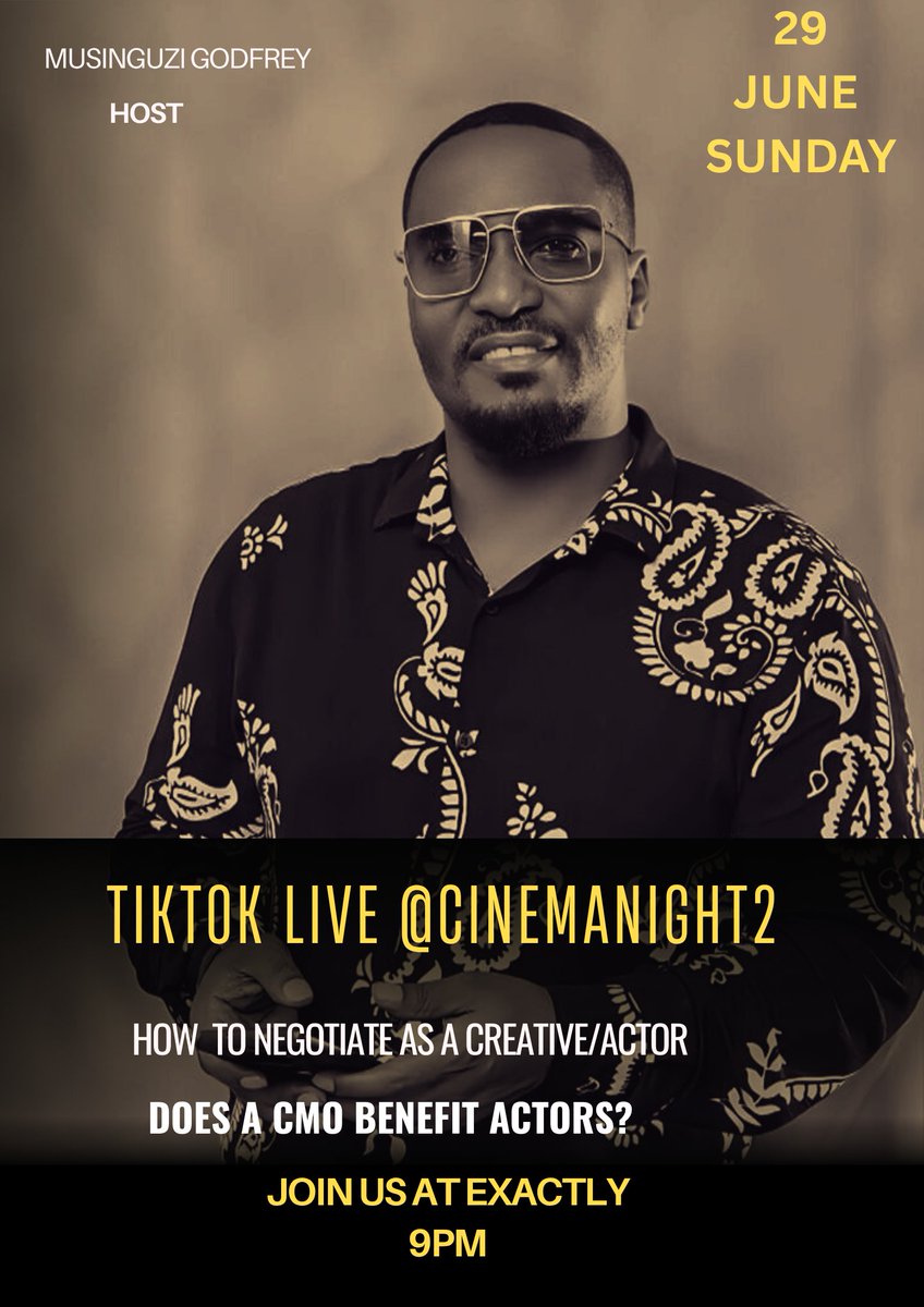 UgandaNight's tweet photo. Today Sunday 29/June/2025, we are live on Tiktok @cinemanight2 . At exactly 9pm.

Join our love as we discuss matters around the film business in uganda .
@mtnug @GodfreyM77 @DiscussingFilm @film_girl @Prasanna_actor @CapitalFMUganda https://t.co/oqoE2zrxRr