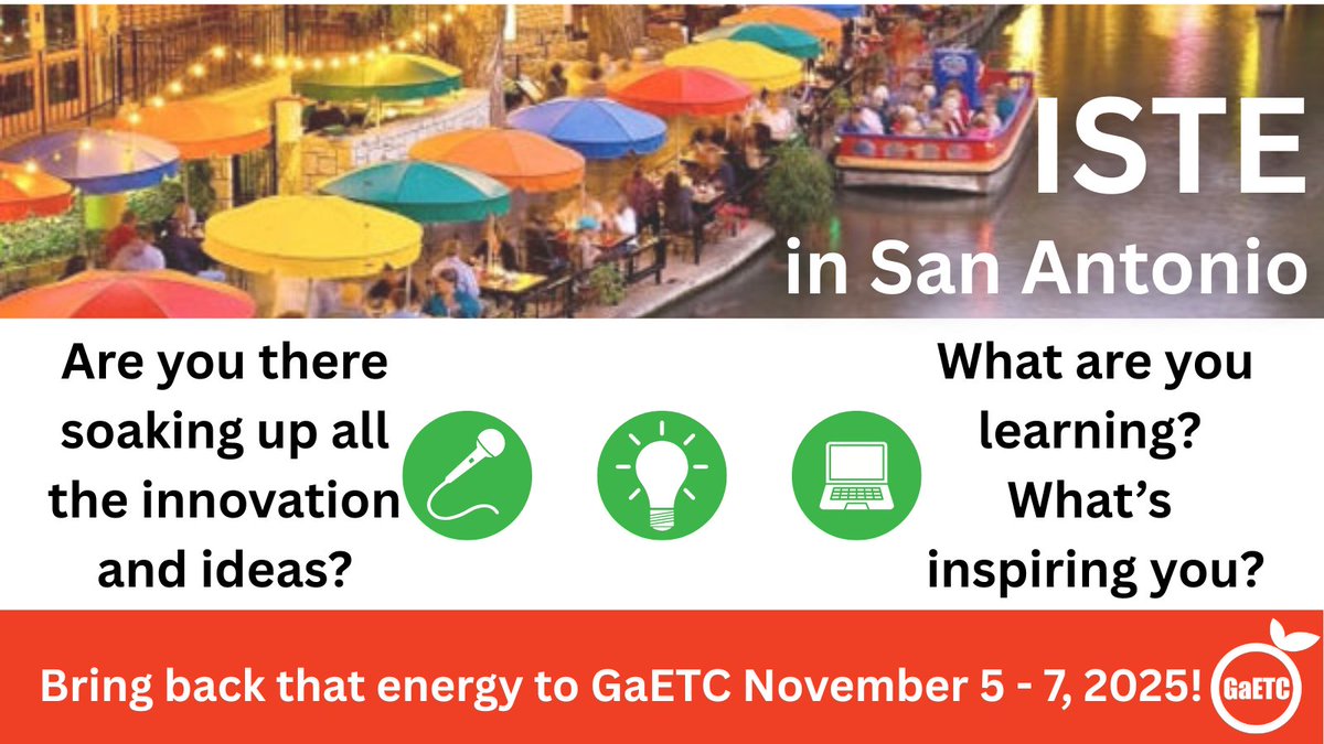 Georgia Educational Technology Conference (@gaetconf) on Twitter photo ISTE in San Antonio is happening now! Are you there soaking up all the innovation and ideas? 💡 We'd love to know what you're learning? What's inspiring you? Share your favorite takeaways and moments below.👇 
We can't wait to see YOU bring that energy back to GA for #GaETC25. 🍑 ISTE in San Antonio is happening now! Are you there soaking up all the innovation and ideas? 💡 We'd love to know what you're learning? What's inspiring you? Share your favorite takeaways and moments below.👇 
We can't wait to see YOU bring that energy back to GA for #GaETC25. 🍑