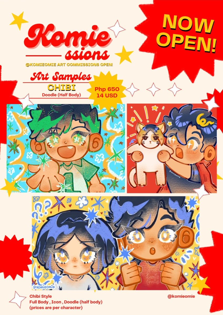 📢 komieomie art commissions is now open! 

will open 3 slots for now! (will add more slots if there’s more demand)

please do send me a dm if interested. ^^ (first come, first serve!)
#commissionart #commissionsopen