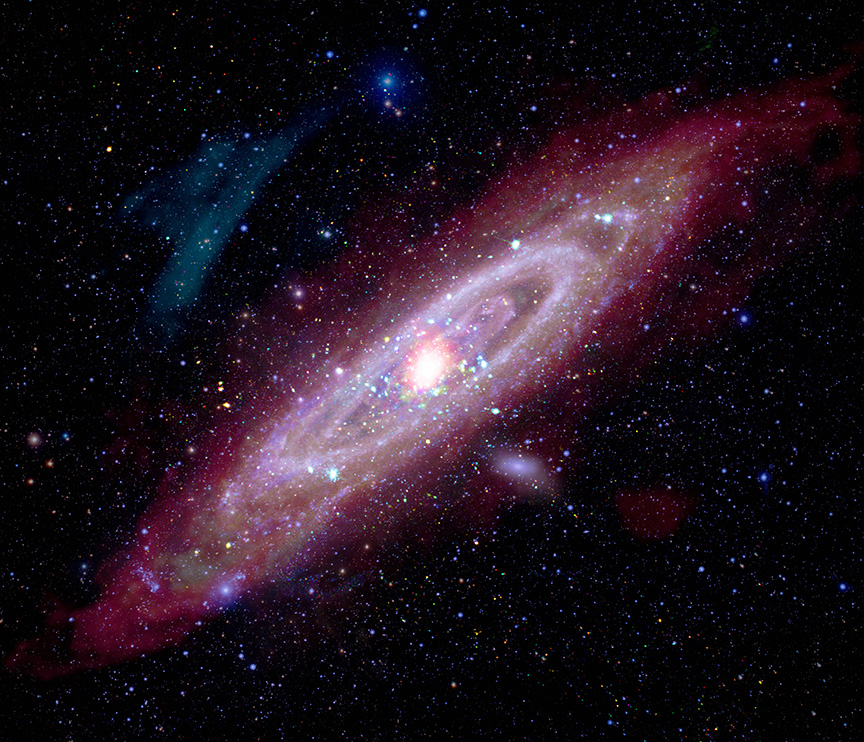 At a distance of about 2.5 Mly, the Andromeda galaxy (M31) is our closest cosmic neighbor, a perfect laboratory for exploring the Universe.

This spectacular new image, created by combining data from telescopes Chandra, XMM-Newton, GALEX, Spitzer, and others, gives us an