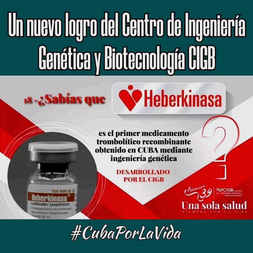 ¡Felicidades al Centro de Ingeniería Genética y Biotecnología (CIGB) por su nuevo logro! 👏 #Heberkinasa es el primer trombolítico recombinante desarrollado en #Cuba mediante ingeniería genética.

 #CubaPorLaVida #CubaEsSalud #Lenin #60Aniversario