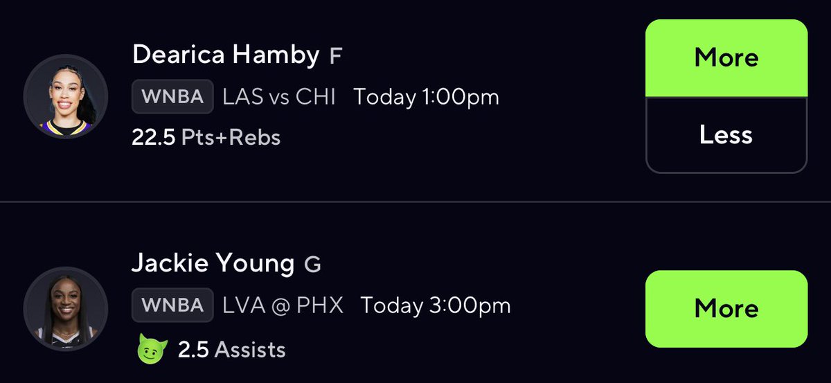 PotionPicks's tweet photo. 6/29/25 🔒 
BEST WNBA PICKS TODAY JUNE 29
75% win-rate on my WNBA Slips

DROP ❤️ and 🔁 for more free slips

GET MORE PLAYS HERE:
https://t.co/SKMUH2nnnN

Dearica Hamby OVER 22.5 PTS + REB
- Line is lower than last game being set at 22.5 instead of 24.5
- Potential reverse Vegas call / Due for a big game going under this line for the past 5 games in a row
- Over this line in the last 4/7 games vs CHI
- Averaging 23.4 Points and Rebounds L7 H2H
- Chicago Sky has the 2nd worst defense in the WNBA and allows the 3rd most points to the Forward position
- Averages ~15 Field Goal Attempts when going against Chicago which is 25% more volume than season average

Jackie Young OVER 2.5 Assists
- Over this line in the last 13/14 games vs Phoenix Mercury
- Last season averaged 7.4 Assists in 5 games vs PHX with one of those games recording a high of 14 assists
- 80% hit rate for this line this season
- Averaging 3.7 assists currently
- Phoenix has the worst assists defense against opposing Guards
Every Point Guard had all went over their full line assists vs PHX recently
- Sabrina Ionescu 7 / o4.5
- Sabrina Ionescu 6 / o5.5
- Natasha Cloud 7 / o6.5
- Natasha Cloud 10 / o5.5
- Ariel Atkins 4 / o3.5
- Marina Mabrey 7 / o3.5

#MLB #nba #WNBA #PrizePicks #SportsGambling #sportsbet #SportsBettingX #GamblingTwitter #DFS