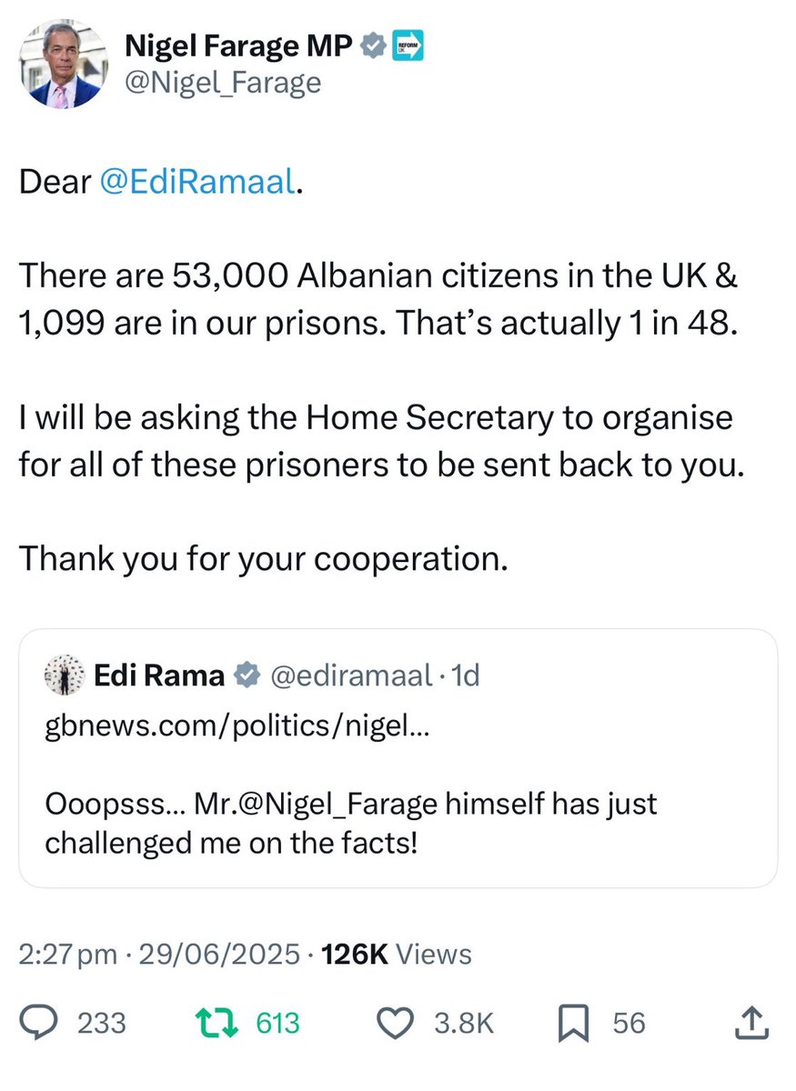 ReformDaily_'s tweet image. 🇬🇧 Nigel Farage is already negotiating a return deal to deport Albanian criminals - directly with the Albanian PM, shares Zia Yusuf.
“Just imagine what he will do when he’s actually PM.” 🔥
#ReformUK #TakeBackControl