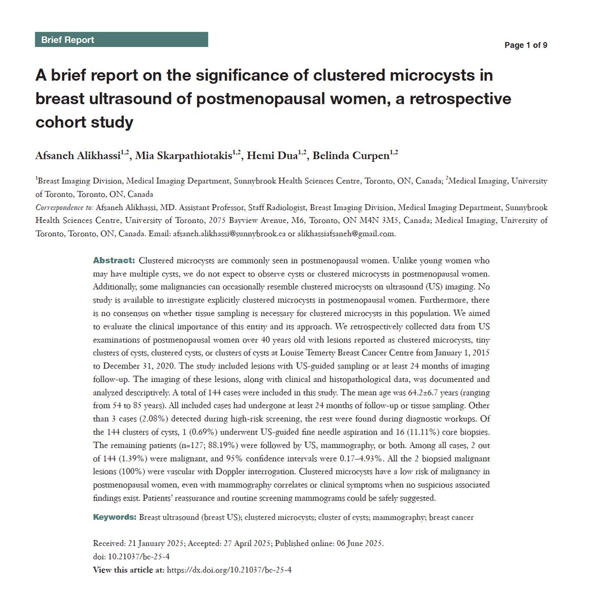 A_Alikhassi's tweet photo. Unlike young women who commonly have breast cysts, we do not expect to observe cysts or clustered microcysts in postmenopausal women. Some malignancies can occasionally resemble clustered microcysts on ultrasound. No consensus exists on whether tissue sampling is necessary!🌟👇 https://t.co/C3QcV7gqgw