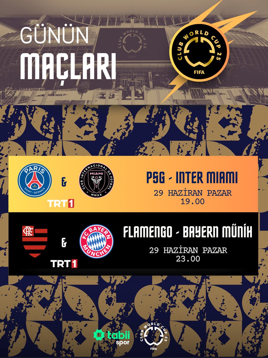 🏆 #FIFACWC | FIFA Kulüpler Dünya Kupası'nda Günün Maçları! 🤩

🆚 Paris Saint-Germain - Inter Miami
⏰ 19.00

🆚 Flamengo - Bayern Münih
⏰ 23.00