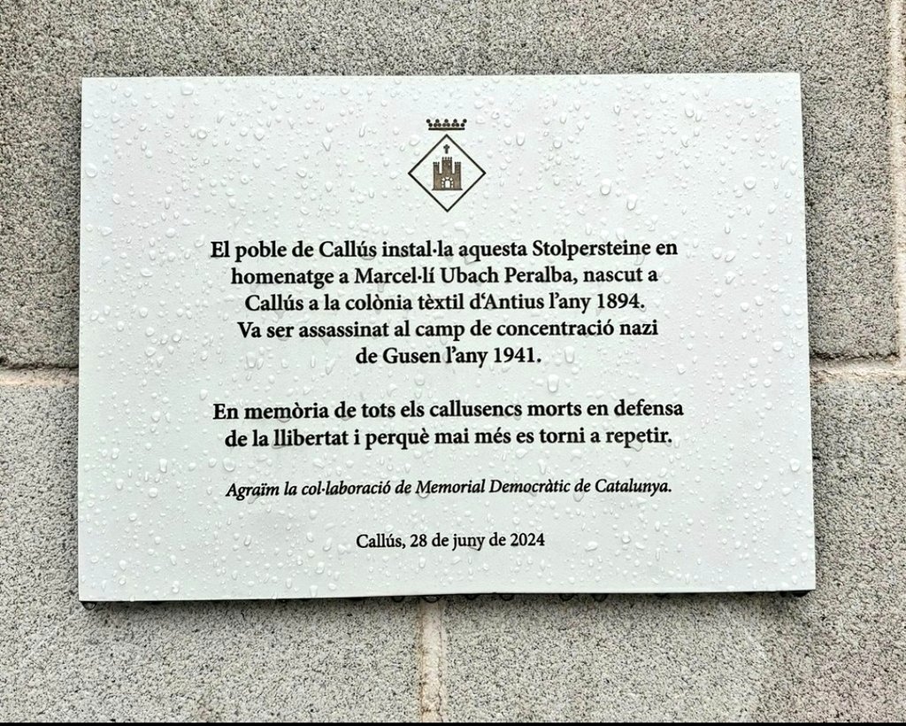Jordi Algué Sala (@jordials) on Twitter photo Ahir va fer un any de la instal·lació de la #Stolpersteine dedicada a Marcel·lí Ubach Peralba en el marc del pregó de la Festa Major de <a href="/ajcallus/">Ajuntament de Callús</a> Un bonic acte de justícia i record als qui van donar la seva vida en defensa de la llibertat <a href="/al_urrutia/">Albert Urrutia 💧</a> <a href="/catmemoria/">Memorial Democràtic</a> Ahir va fer un any de la instal·lació de la #Stolpersteine dedicada a Marcel·lí Ubach Peralba en el marc del pregó de la Festa Major de <a href="/ajcallus/">Ajuntament de Callús</a> Un bonic acte de justícia i record als qui van donar la seva vida en defensa de la llibertat <a href="/al_urrutia/">Albert Urrutia 💧</a> <a href="/catmemoria/">Memorial Democràtic</a>