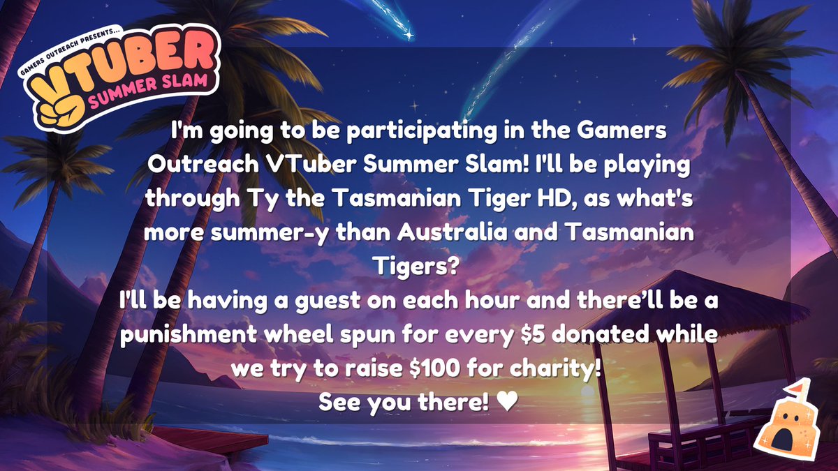 sweettpixel's tweet photo. It's Summer TYme! I'm going live now to raise money for @GamersOutreach while I play Ty the Tasmanian Tiger!

https://t.co/SH6Zj6Ln9Y
#VTuberSS2025 https://t.co/f95Ftsi9TA