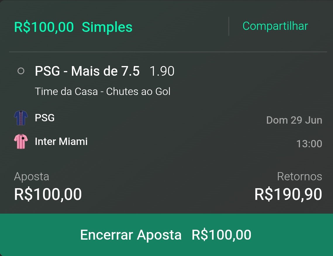 XandTips_'s tweet image. 🇫🇲 Mundial de Clubes 
⚽️ PSG - Inter Miami - 13:00
📝 +7,5 Chutes no Alvo - PSG
📈 1,0% sobre o valor do banca