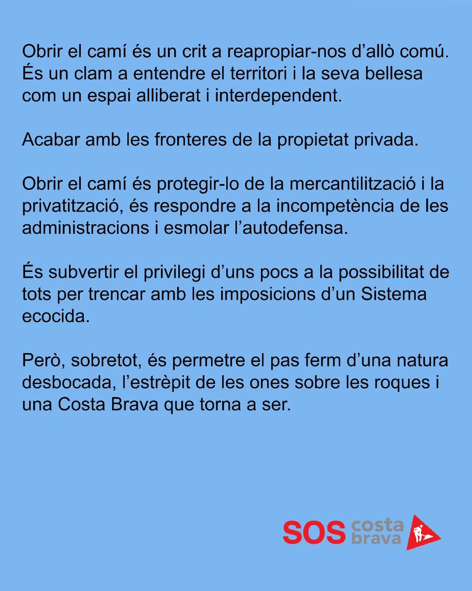 ⛔️Tanques, murs i prohibicions volen tallar-nos el pas. Però el camí és de tothom.
🌊Obrir el Camí de Ronda és recuperar el dret de trepitjar el territori, de sentir les ones, de viure la Costa Brava com a espai compartit.
🔜Estigueu atents. Això tot just comença.
#ObrimElCamí