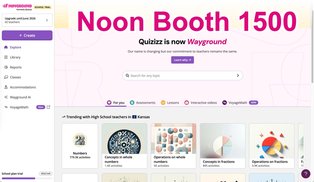 Have you found your way to Wayground.com yet?
Formerly Quizizz
See you Monday Noon booth 1500 #ISTElive 

My students like playing a Wayground, it's engaging. It matters. 
Low risk of failure.
Reporting is key! 
Ability to reassign students to try again.
Create your own