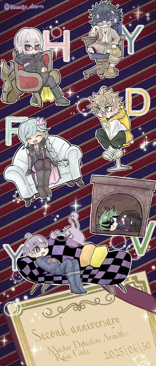 tamago_dnrn's tweet image. #レインコード2周年
#レインコード  #RAINCODE

夜行探偵事務所のみんなも二周年✨️
それぞれお気に入りの椅子でおめでとうー！！！💙🩷💛🩵💚💜
※動くけど音は出ません