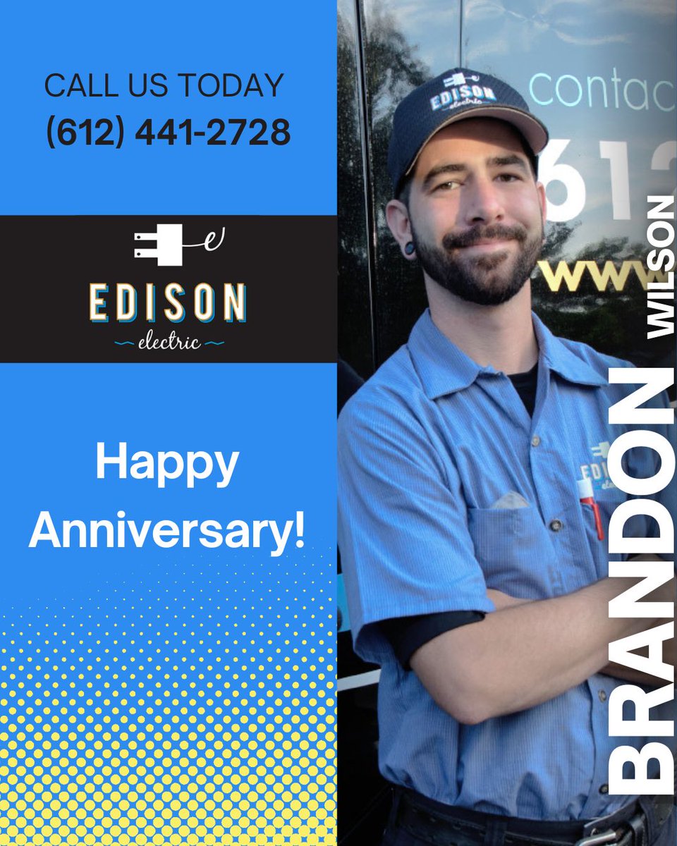 EdisonElectric1's tweet photo. 🎉 Celebrating 5 amazing years with Brandon Wilson! Thank you for your dedication and expertise at Edison Electric! ⚡️
#TeamEdison #HappyAnniversary https://t.co/y2d3Ldh69K