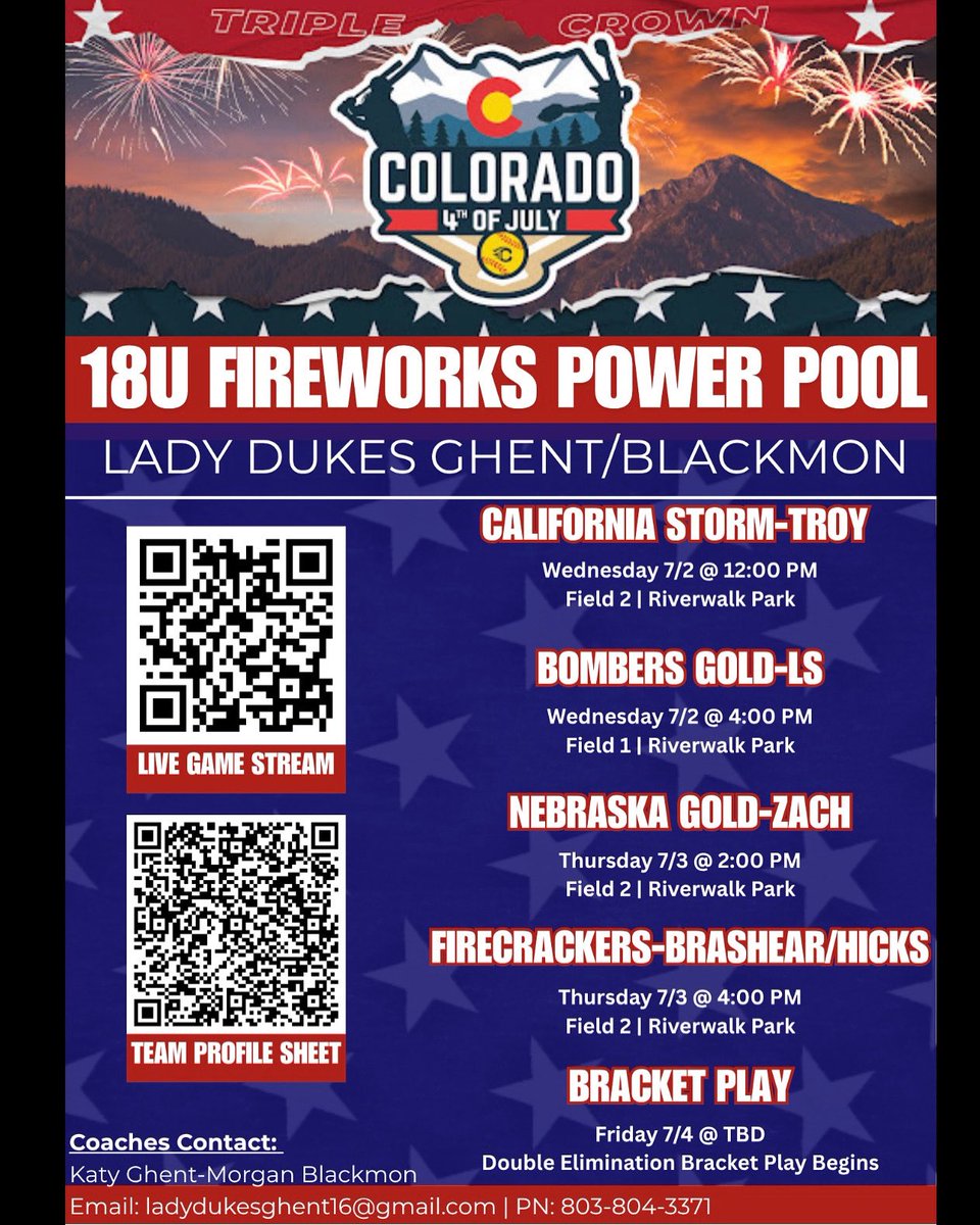 Ready for a week at the Colorado Sparkler! Come check us out! 💙🤍💙🤍

Address: 
RIVERWALK PARK
9830 Riverdale Rd.
Thornton, CO