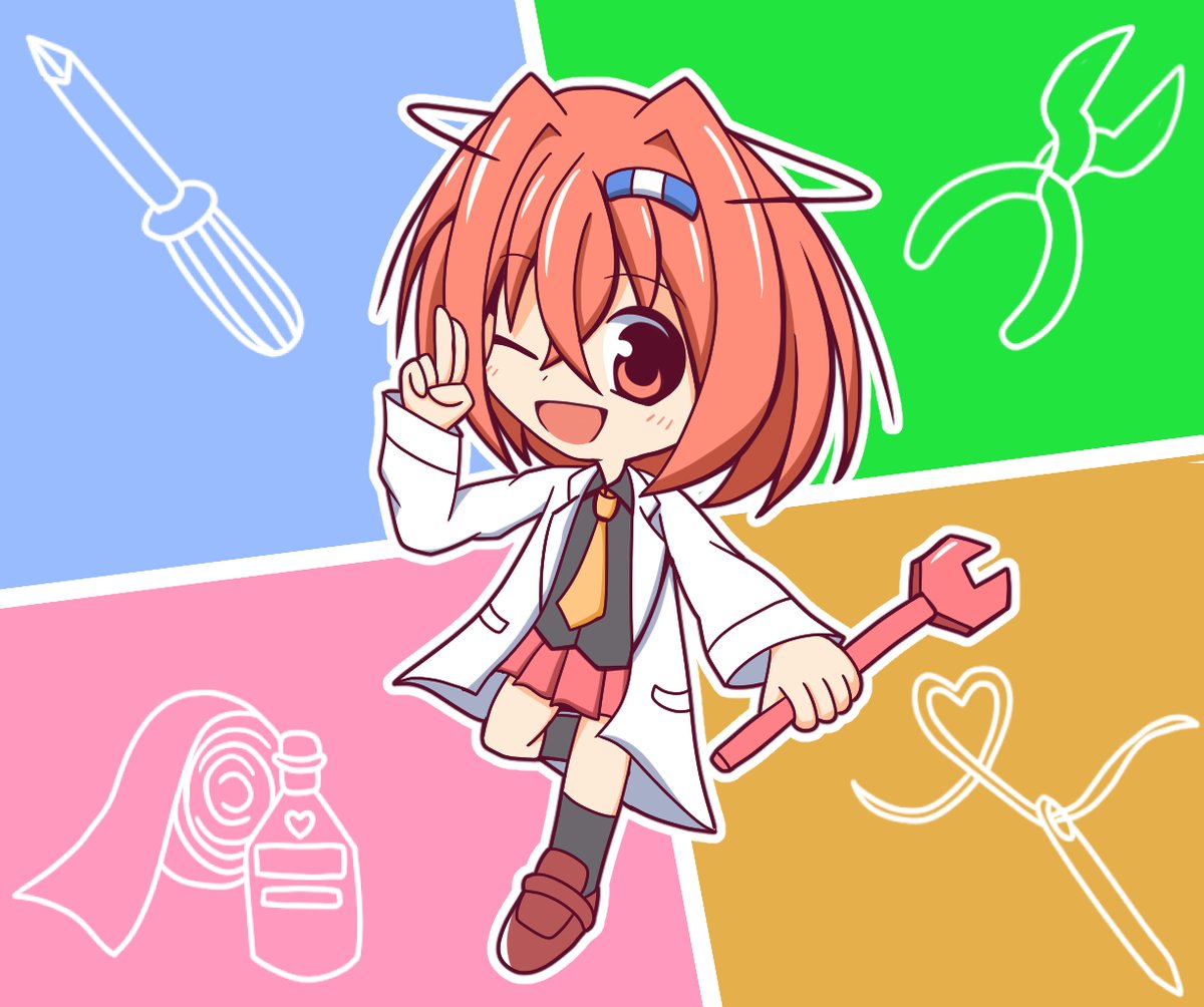 bomrappa's tweet image. #うちの子の設定画をあげるとファンが増えるらしい
🩹「機械の修理から拗れた人間関係の修復まで私にお任せッ！！超絶天才修理屋のナオシマ・ナオでーす！！」