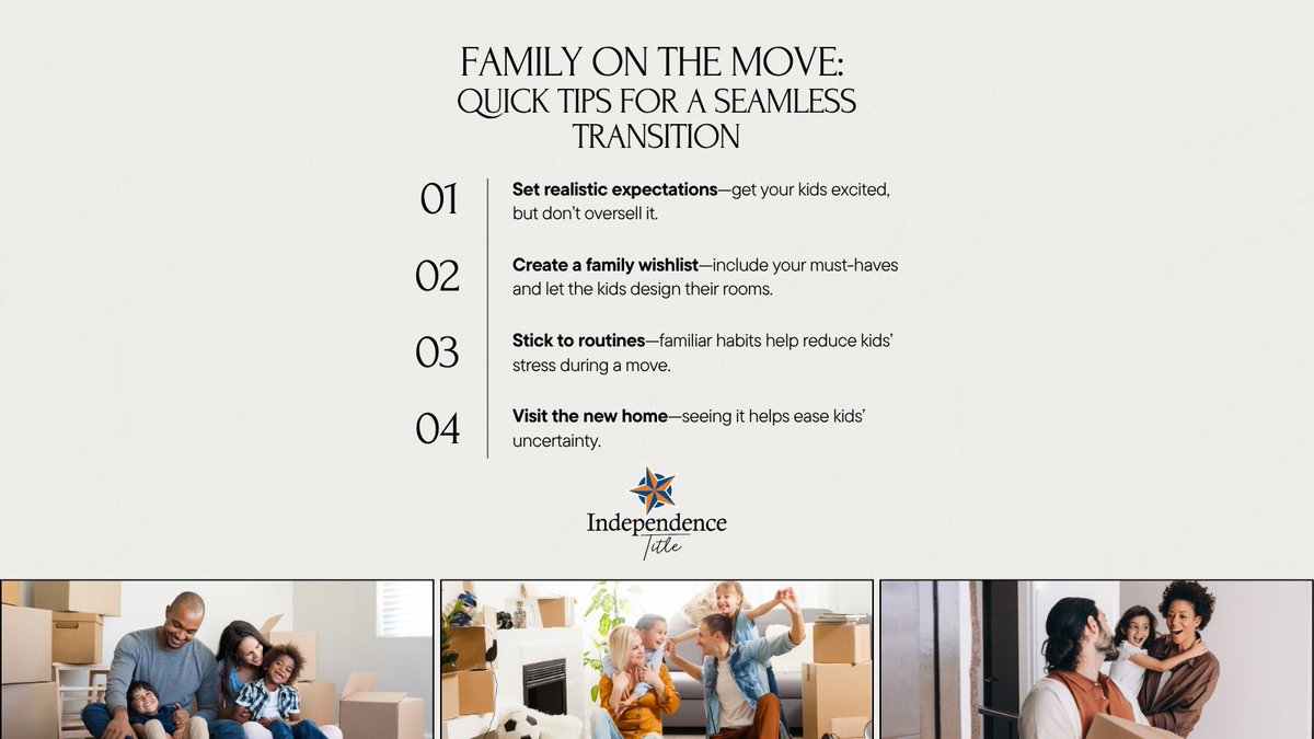 IndependenceTX's tweet image. Moving with Kids? 🏡👨‍👩‍👧‍👦
Make it smoother with these quick tips:
✨ Keep them in the loop
🎨 Let them plan their room
🏞️ Explore the new neighborhood
🕒 Stick to routines
🤝 Ask for help (playdates = win!)

More tips 👉 tinyurl.com/3257kmwv
#MovingWithKids #ParentingHack