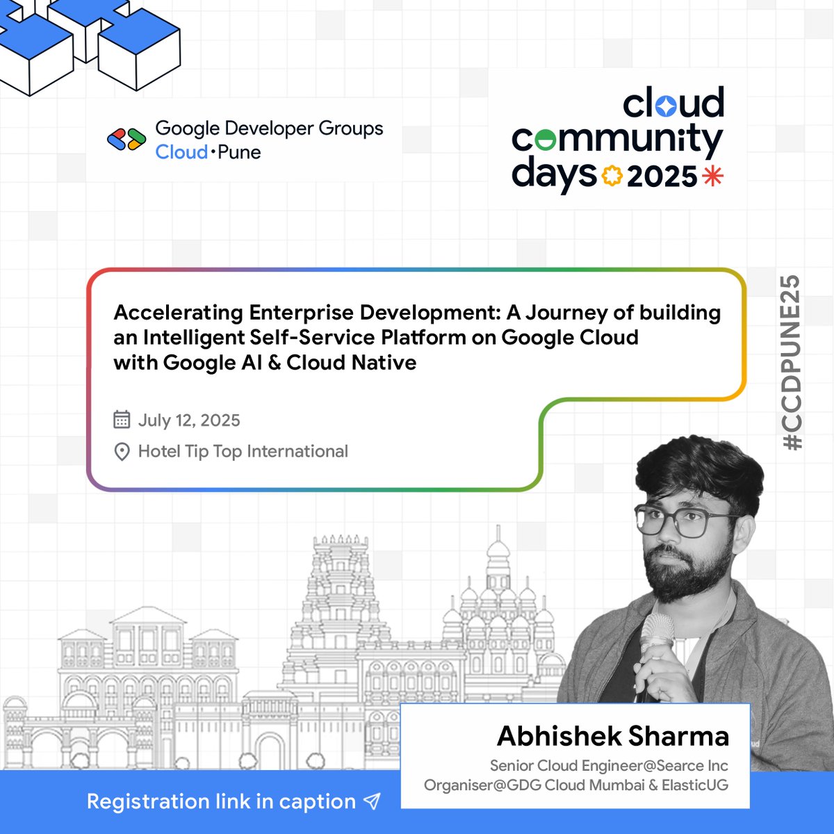 📢 Excited to welcome <a href="/acloudpotato/">Abhishek Sharma</a> (GDE - GCP, Sr. Cloud Engineer @ Searce) to the stage!

💡 Topic: Accelerating Enterprise Development: A Journey of Building an Intelligent Self-Service Platform on Google Cloud with Google AI &amp; Cloud Native

🔗ccd.gdgcloudpune.com/home