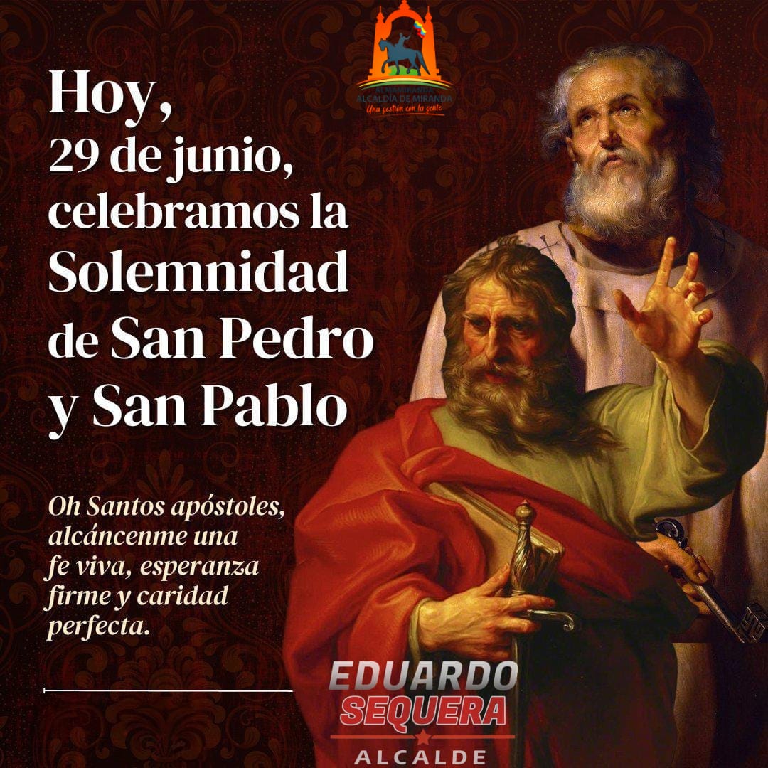 “Que la Fé de San Pedro y San Pablo ilumine tu camino hoy, mañana y siempre”
<a href="/NicolasMaduro/">Nicolás Maduro</a>
<a href="/dcabellor/">Diosdado Cabello R</a>
<a href="/PartidoPSUV/">PSUV</a>
<a href="/rafaellacava10/">Rafael Lacava</a>
#29Junio
Cabello Mérida
Florinda Meza
#Venezuela

#ChavistasUnidosPorLaPaz