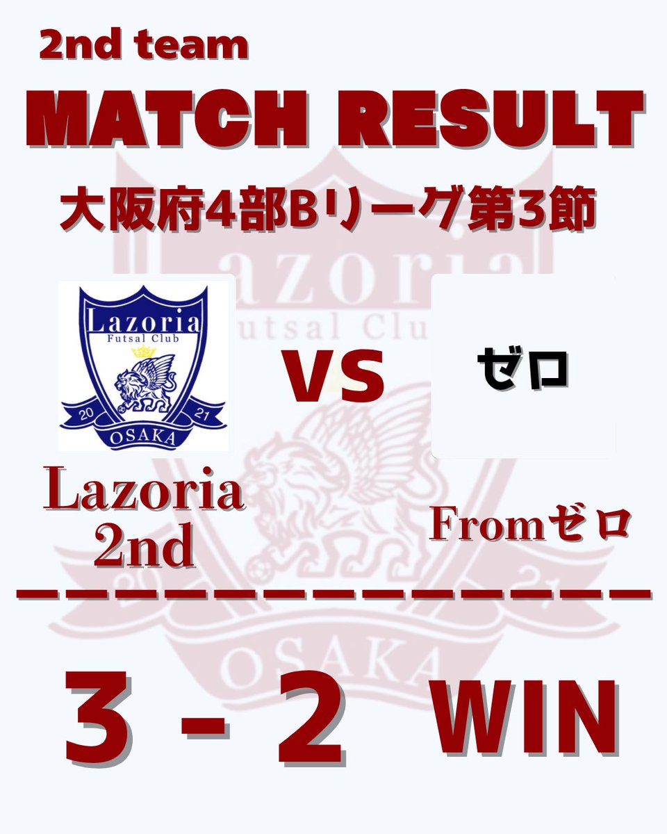 LazoriaFC's tweet photo. 《2ndチーム　試合結果》
⏰6/29(日)大阪府4部Bリーグ第3節
⚽️vs Fromゼロ
📝3-2 WIN

今節もありがとうございました！
引き続き応援よろしくお願いします🤲
Lazoria Vamos👍

#futsal #フットサル
#Lazoria #ラソリア
#lazoria_family
#lazoria_top
#lazoria_2nd
#lazoria_ladies https://t.co/jUU2C8YCGi