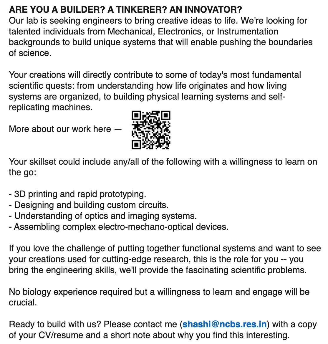 We're looking for creating engineers/tinkerers/tool builders that want to engage with cutting-edge research questions. 

Please help me share the word!