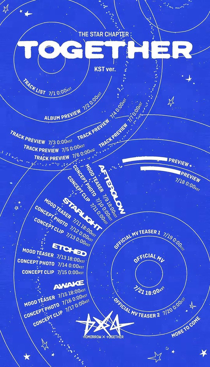 txt_sarangdan2's tweet photo. 7/1 트랙리스트
7/2 앨범프리뷰
7/3-7 트랙프리뷰

~AFTERGLOW~
7/9 18시 무드티져
7/10 컨셉포토
7/11 컨셉클립

~STARLIGHT~ 
7/11 18시 무드티져
7/12 컨셉포토
7/13 컨셉클립

~ETCHED~
7/13 18시 무드티져
7/14 컨셉포토
7/15 컨셉클립

~AWAKE~
7/15 18시 무드티져
7/16 컨셉포토
7/17 컨셉클립 https://t.co/kUBzeEA1Fp