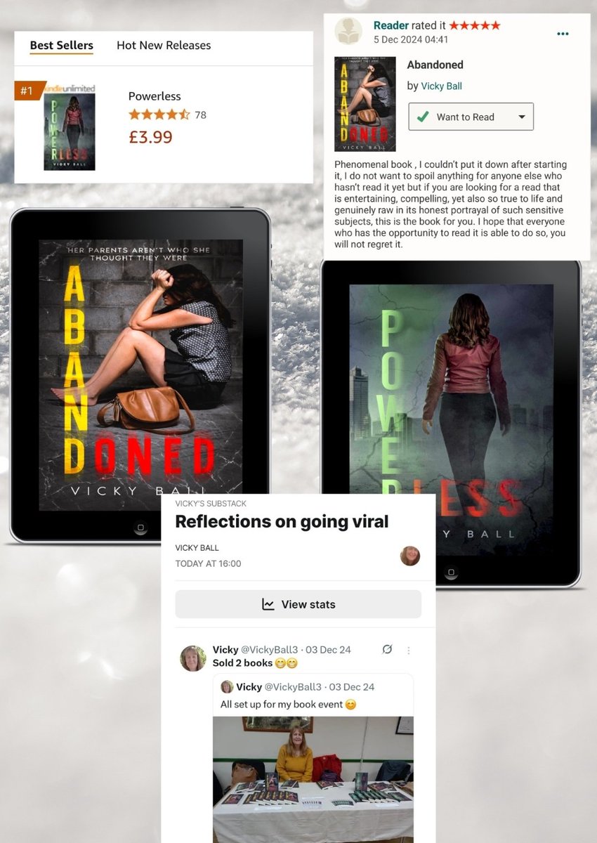 VickyBall3's tweet image. 'A fast-paced thriller with a twist that I did not see coming.'
Two gripping thrillers.
See below for my books and my very first substack 👇