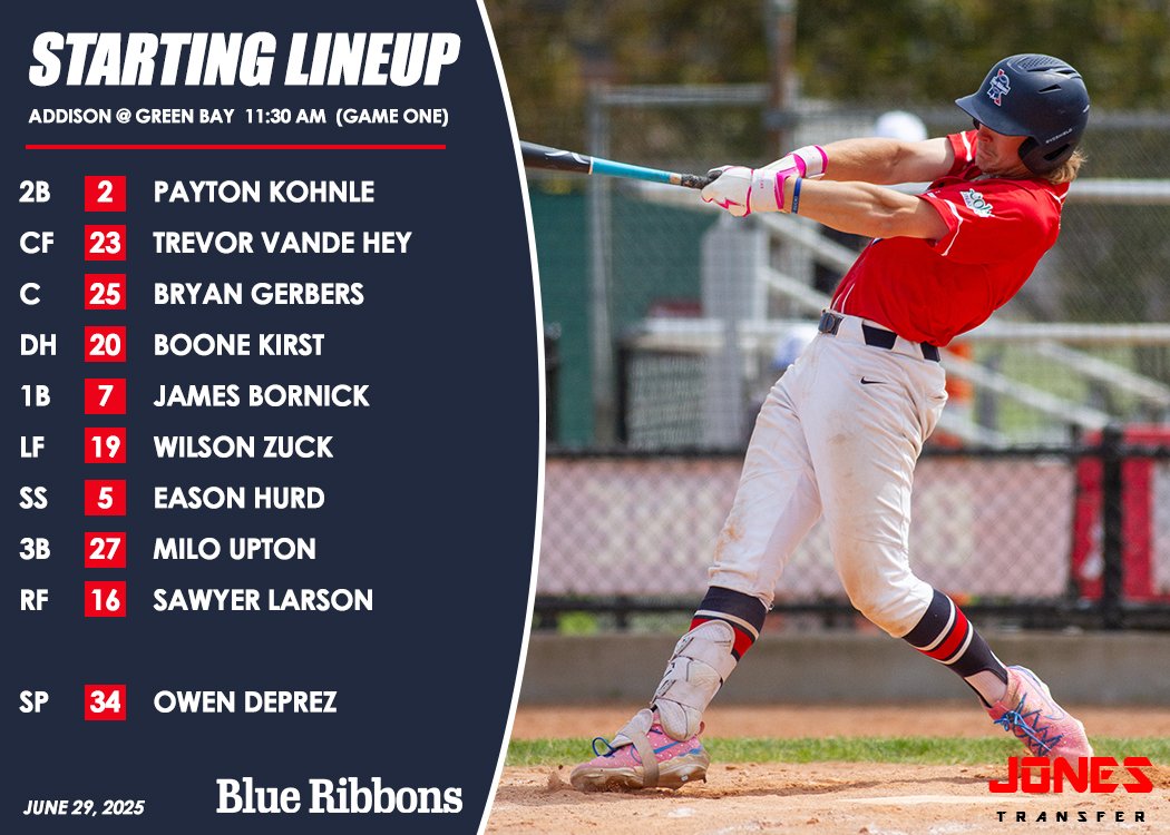 Sunday's starting lineup for game one of our doubleheader with Addison. #blueribbonsbaseball