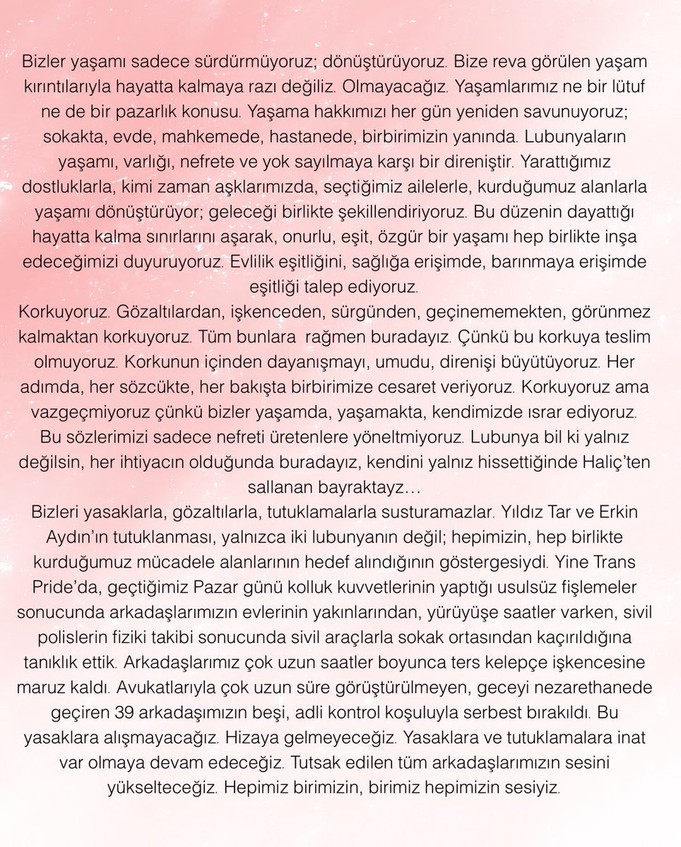 23. Onur yürüyüşünün basın açıklamamızı sizlerle paylaşıyoruz. YAŞAMDA ISRAR ediyoruz. Vazgeçmeyeceğiz. Hizaya gelmeyeceğiz.