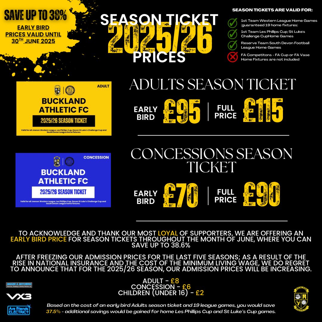 Buckland Athletic (@officalbafc) on Twitter photo ๐๏ธ | Early Bird Season Tickets
Offer ends ๐๐ผ๐บ๐ผ๐ฟ๐ฟ๐ผ๐!
Order your 2025/26 season ticket today and save up to 38% across the season with our Early Bird offer ๐คฉ
Contact <a href="/JPbafc/">John Piller</a> on:
๐ 07836 774048
๐ง chairman@bucklandathletic.co.uk
#UpTheBucks ๐ฆ ๐๏ธ | Early Bird Season Tickets
Offer ends ๐๐ผ๐บ๐ผ๐ฟ๐ฟ๐ผ๐!
Order your 2025/26 season ticket today and save up to 38% across the season with our Early Bird offer ๐คฉ
Contact <a href="/JPbafc/">John Piller</a> on:
๐ 07836 774048
๐ง chairman@bucklandathletic.co.uk
#UpTheBucks ๐ฆ