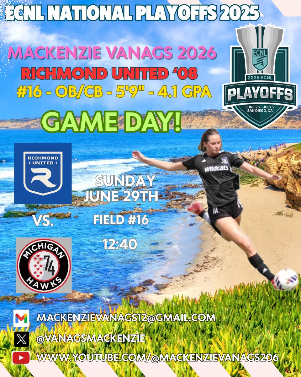 Mackenzie Vanags - 2026 - CB/OB - #16 (@vanagsmackenzie) on Twitter photo GAME DAY! Final game of the Playoffs for us and we face one of the best teams in the country. I am excited for the challenge today. If you are still in town Coaches, come on out!
<a href="/ImYouthSoccer/">ECNL/GA/Recruiting/College Soccer</a> <a href="/ImCollegeSoccer/">College Soccer Truth ™</a> <a href="/TheSoccerWire/">SoccerWire</a> <a href="/TopDrawerSoccer/">TopDrawerSoccer</a> <a href="/PrepSoccer/">Prep Soccer ⚽️</a> <a href="/prepsoccerroddy/">Roddy Nieto</a> GAME DAY! Final game of the Playoffs for us and we face one of the best teams in the country. I am excited for the challenge today. If you are still in town Coaches, come on out!
<a href="/ImYouthSoccer/">ECNL/GA/Recruiting/College Soccer</a> <a href="/ImCollegeSoccer/">College Soccer Truth ™</a> <a href="/TheSoccerWire/">SoccerWire</a> <a href="/TopDrawerSoccer/">TopDrawerSoccer</a> <a href="/PrepSoccer/">Prep Soccer ⚽️</a> <a href="/prepsoccerroddy/">Roddy Nieto</a>