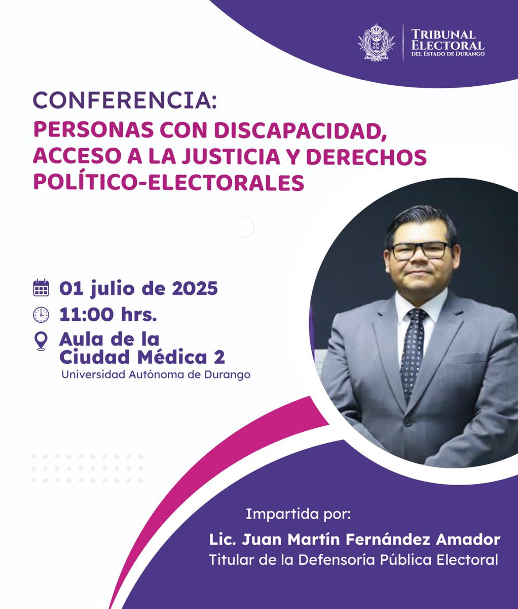 #TuDefensoría || El #TEED a través de la Defensoría Pública Electoral, te invita a la Conferencia: "Personas con discapacidad, acceso a la justicia y derechos político- electorales" impartida por el Lic. Juan Martín Fernández Amador. 

¡Te esperamos el próximo martes!

📆 01 de