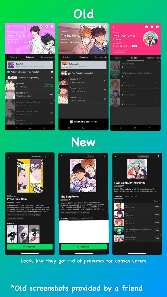 The minimalist layout is boring &amp; looks like every other comic platform. I don’t like the trailers under the comic &amp; they got rid of previews for canvas series. This new format lacks personality. :P 

#webtoon