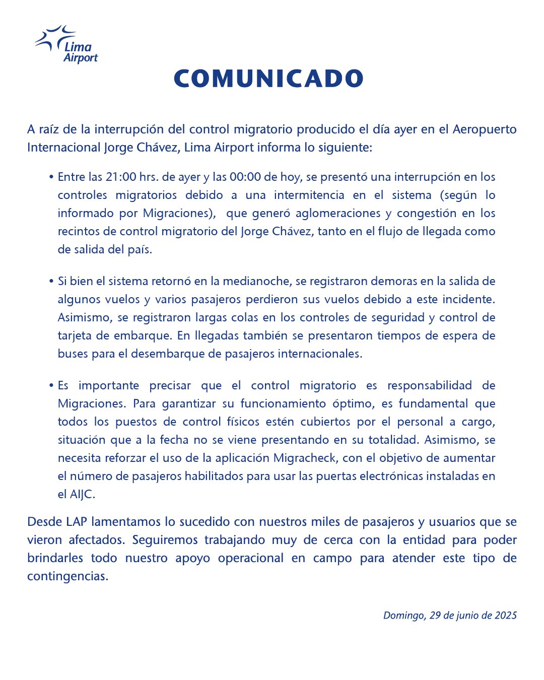 Aeropuerto Jorge Chávez: inconveniente se presentó entre las 9 de la noche y las 12 de la noche del último sábado