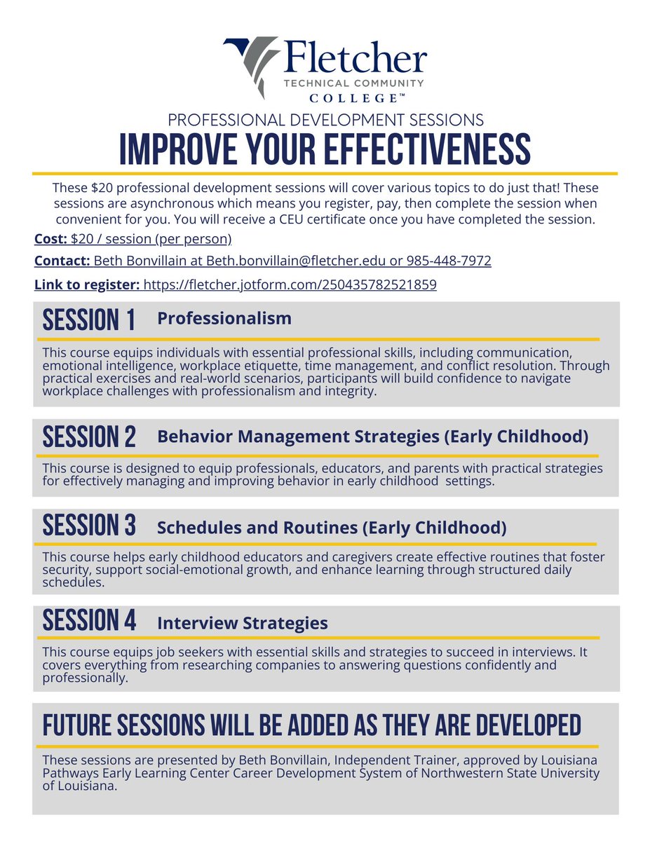 Calling all early childhood educators! Ready to sharpen your skills and earn valuable CEUs? Fletcher’s Non-Credit Early Childhood Professional Development sessions are designed just for YOU. 

Sign up today: fletcher.jotform.com/250435782521859