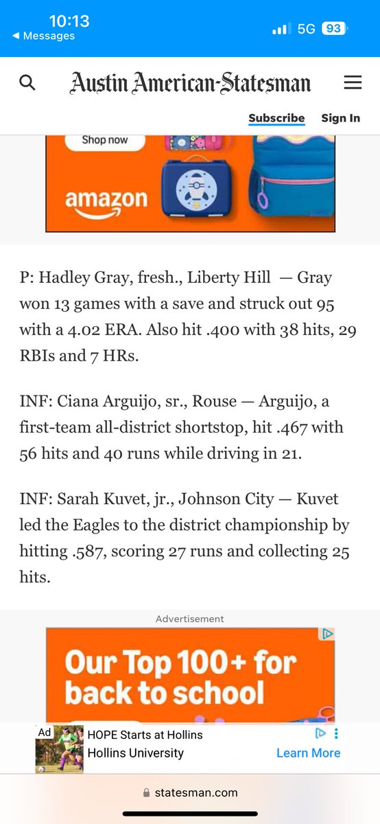 Hadley Gray 2028 (@hadleygray2028) on Twitter photo So honored to make second team All-Central Texas!! Thank you <a href="/statesman/">Austin Statesman</a> for the recognition!!🤟🏻💜💛
<a href="/softball_lhhs/">LHHS Softball</a> <a href="/txblazegold16/">Texas Blaze 16U Gold</a> <a href="/BlazeFastpitch/">Texas Blaze</a> So honored to make second team All-Central Texas!! Thank you <a href="/statesman/">Austin Statesman</a> for the recognition!!🤟🏻💜💛
<a href="/softball_lhhs/">LHHS Softball</a> <a href="/txblazegold16/">Texas Blaze 16U Gold</a> <a href="/BlazeFastpitch/">Texas Blaze</a>