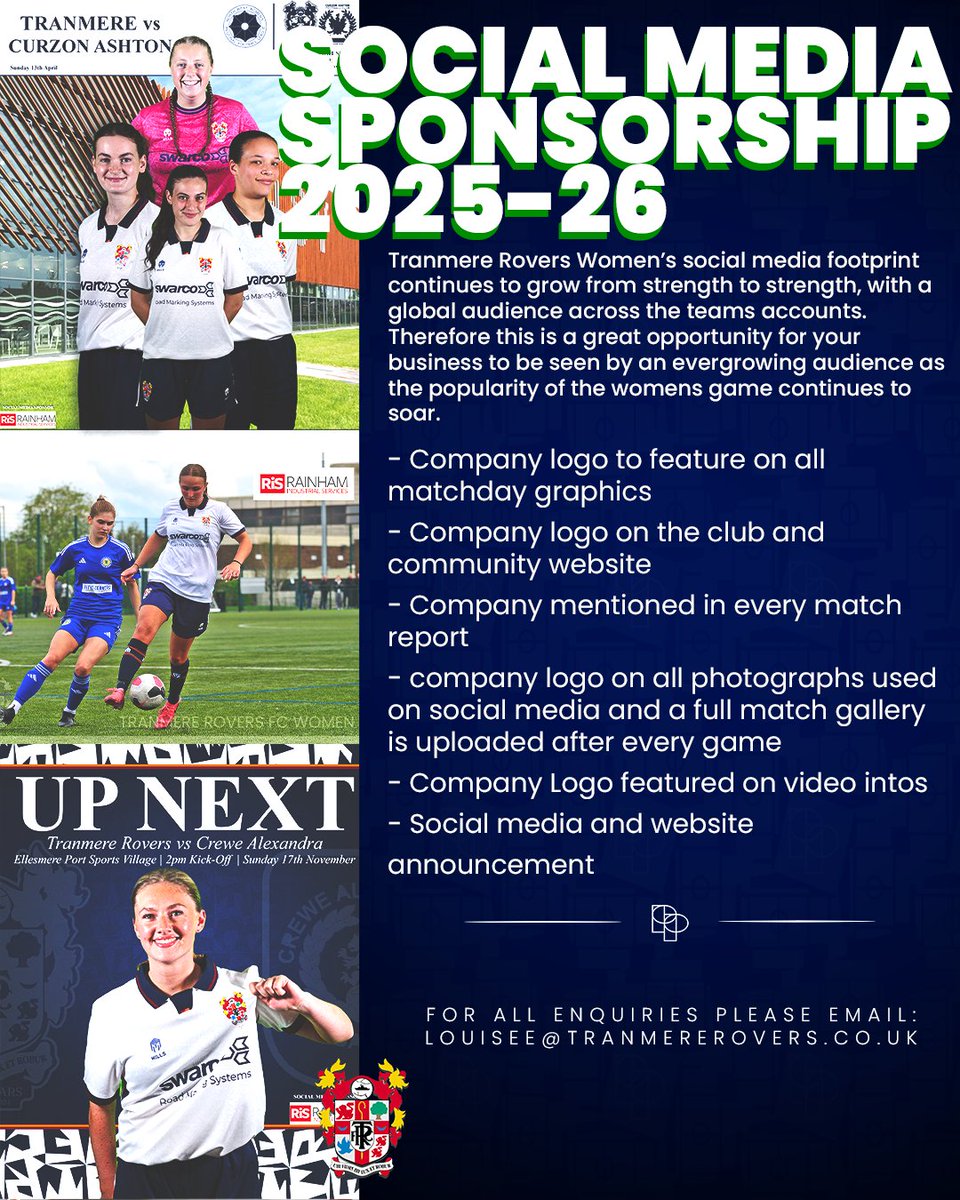 Tranmere Rovers Women and Girls (@trfcwomen) on Twitter photo 💻 Want to help the continued growth of the women's game?
We are looking for a new social media sponsor for the 2025-26 season
📩If you're interested in this amazing opportunity at TRFC Women contact Louisee@tranmererovers.co.uk
#TRFC #SWA 💻 Want to help the continued growth of the women's game?
We are looking for a new social media sponsor for the 2025-26 season
📩If you're interested in this amazing opportunity at TRFC Women contact Louisee@tranmererovers.co.uk
#TRFC #SWA