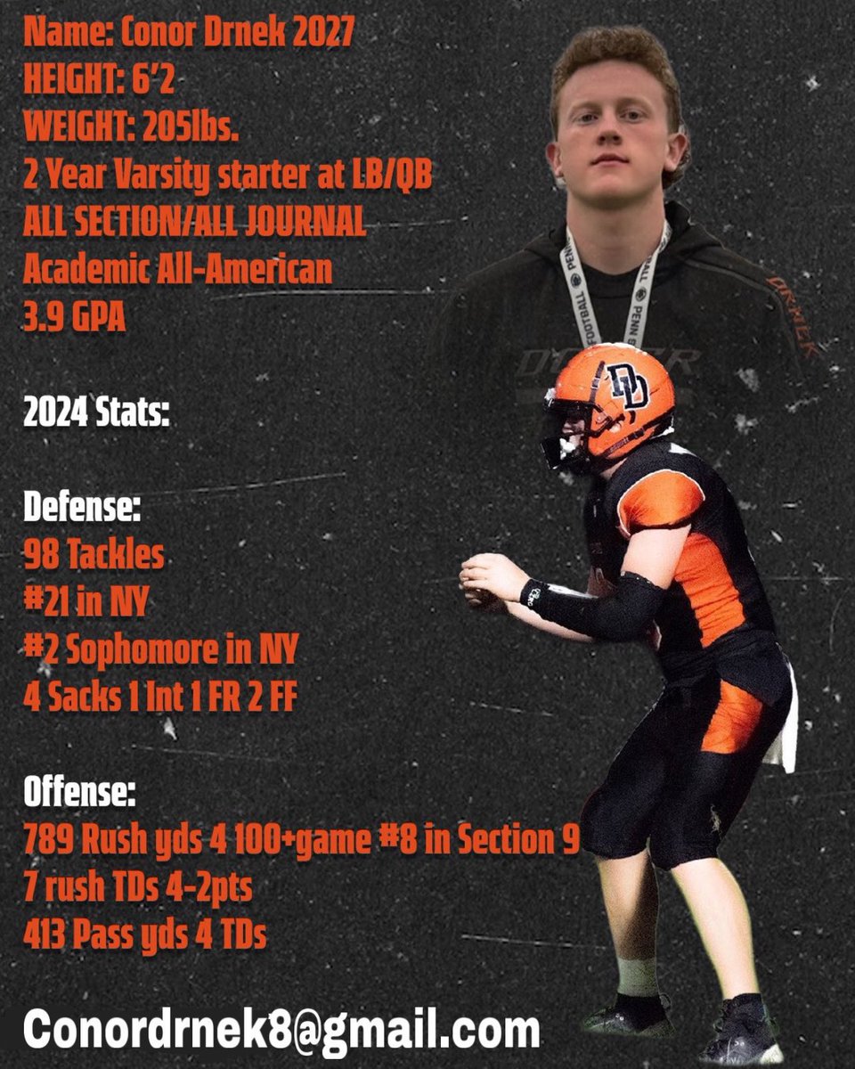 5StarScouting™ (@5starscouting) on Twitter photo 2027 LB/QB
Conor Drnek
Dover High (NY.)
6-2/205 🎓 3.9 GPA
•2 yr varsity starter at LB/QB
•2024 Stats:
•Defense: 98 Tackles
•3 sport athlete
<a href="/ConorDrnek/">Conor “BIG C” Drnek</a>
hudl.com/video/3/226317… 2027 LB/QB
Conor Drnek
Dover High (NY.)
6-2/205 🎓 3.9 GPA
•2 yr varsity starter at LB/QB
•2024 Stats:
•Defense: 98 Tackles
•3 sport athlete
<a href="/ConorDrnek/">Conor “BIG C” Drnek</a>
hudl.com/video/3/226317…